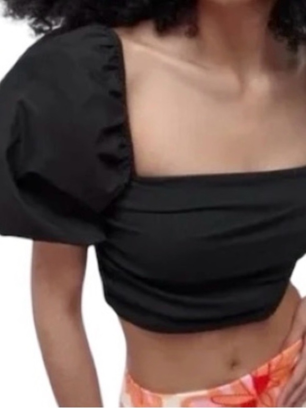 Black Puff Sleeve Square Neck Crop Top with lace up corset style back